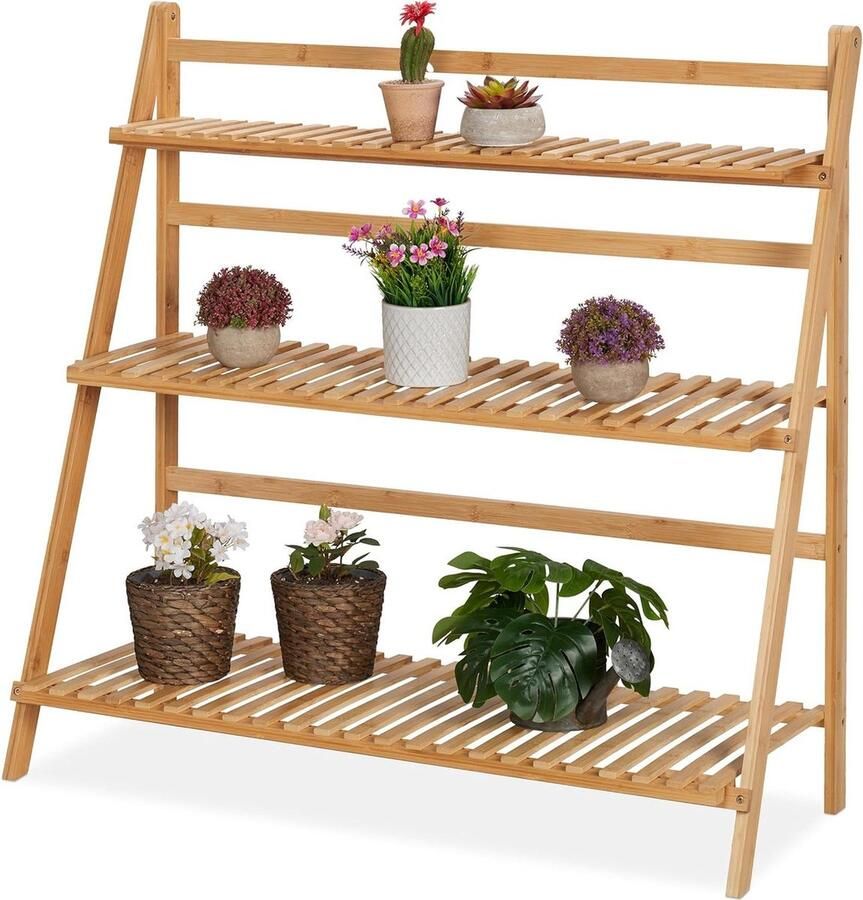 Plantenladder Bamboe Plantenrek 3 Etages HxBxD 96 x 995 x 37 cm Inklapbaar Bloemenrek Natuur Plantenladder