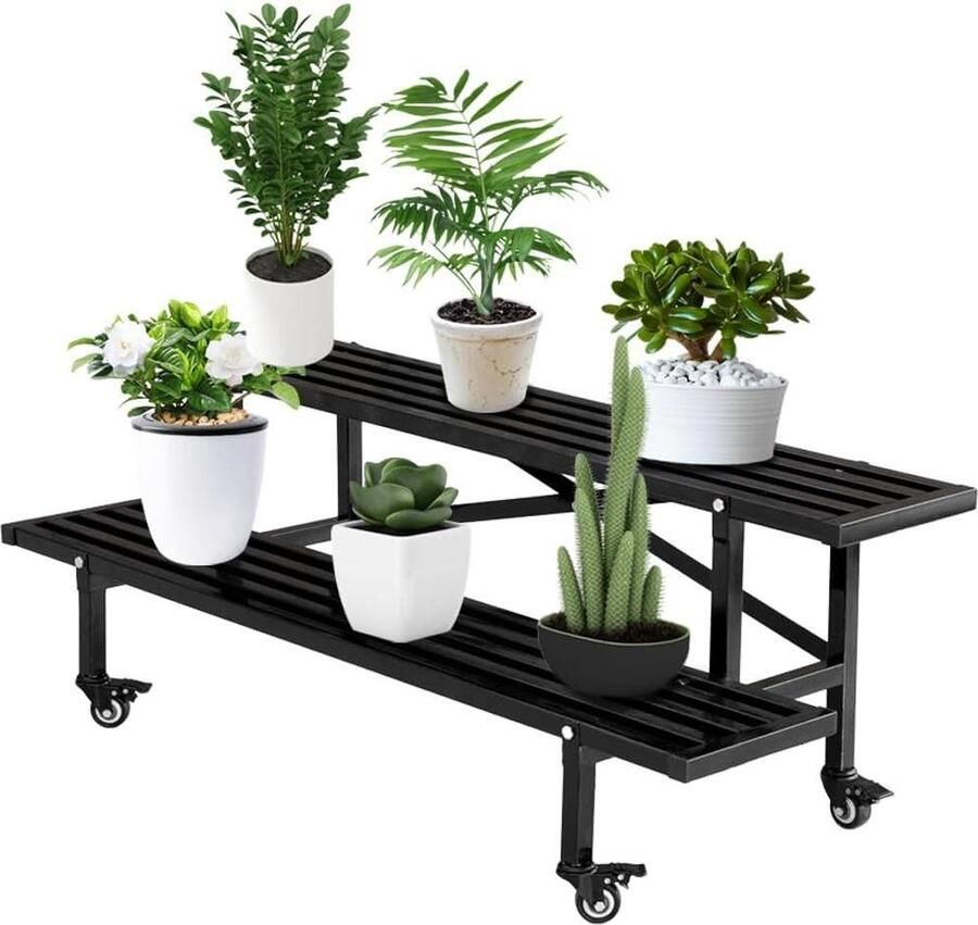 Plantenladder Bloemenrek met wieltjes 2 etages zwart metaal voor binnen en buiten tuin balkon Plantenladder