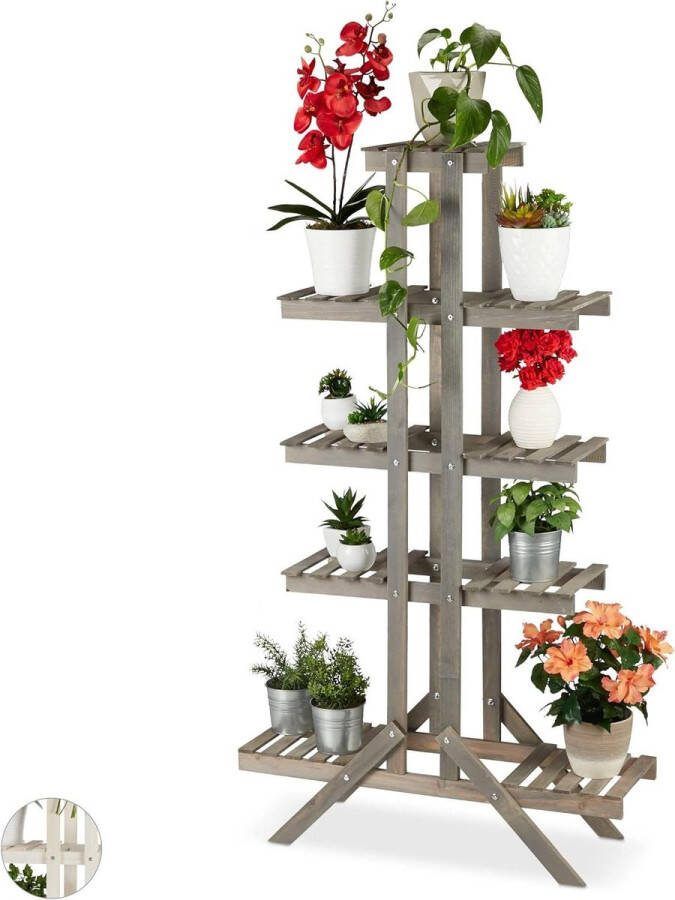 Plantenladder Hout Grijs Shabby Chic 5 Etagères 142x83x25 cm Vrijstaand Binnen Plantenladder