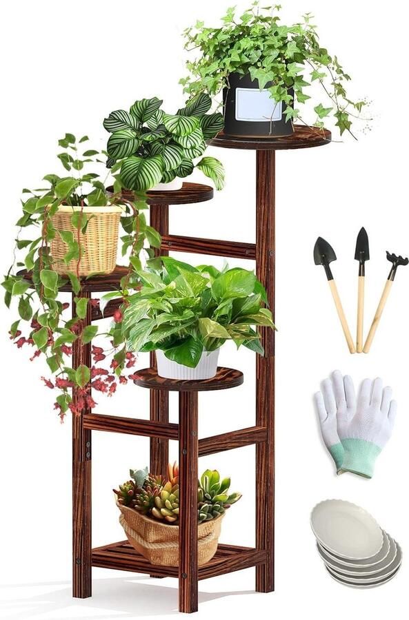 Plantenladder Houten bloemenstandaard-bamboe plantenstandaard-5 niveaus-bloemenbank-balkon-woonkamer-gang-binnenplaats Plantenladder