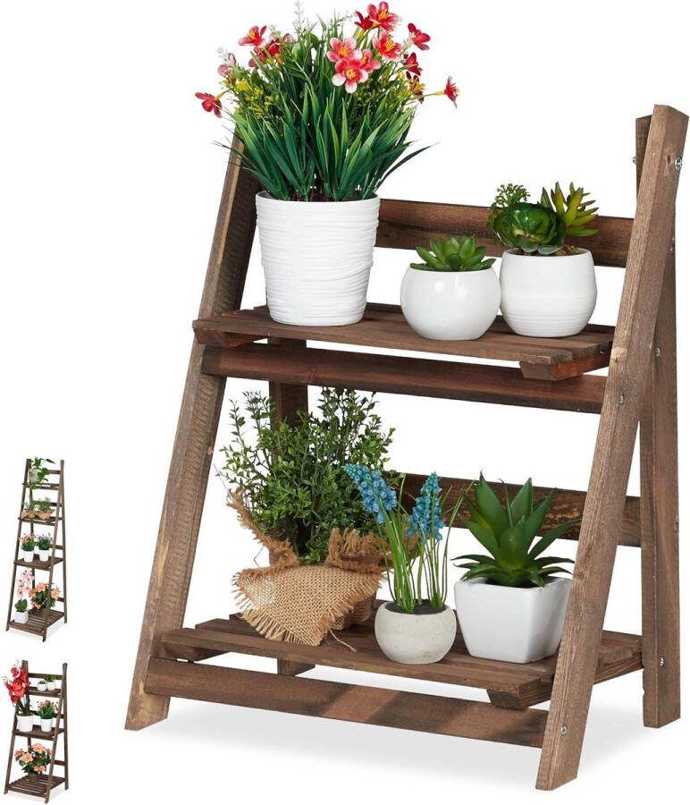 Plantenladder Houten Plantenrek 2 Etages Klapbaar Bloemenrek 515 x 41 x 24 cm Donkerbruin Plantenladder