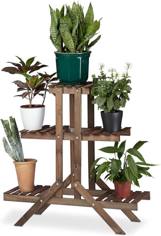 Plantenladder Houten Plantentrap Binnen Decoratie Darkbrown Relaxdays 3 Etages HBD: 825 x 83 x 285 cm Plantenladder