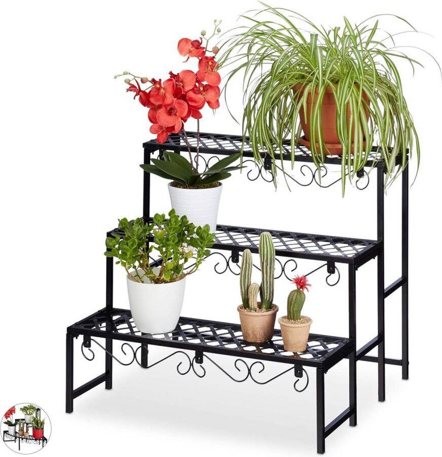 Plantenladder Plantentrap Metaal 3 Etages Plantrek Tuin Balkon Terras HBD ca. 62x70x60 cm Rechthoekig Zwart Plantenladder