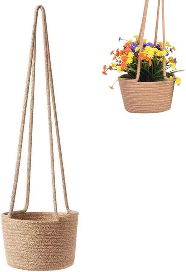 Plantenmand van katoenen touw hangende bloempotten opbergmand hangende stro-plantenbak plantenhanger voor planten binnen en buiten decoratie 20 cm