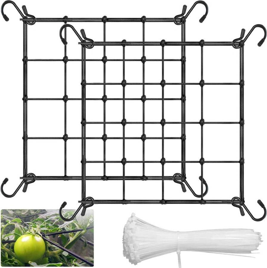 Plantennet 2 stuks 60 x 60 cm groeinet plantennet 60 x 60 cm elastisch net met haken voor tuinondersteuning voor plantententen 1 zak kabelbinders inbegrepen