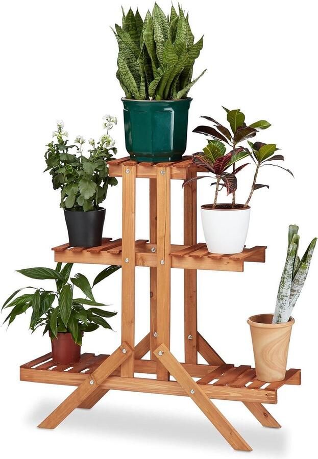 Plantenrek 3 etages houten plantentrap binnen decoratie afmetingen: 825 x 83 x 285 cm lichtbruin
