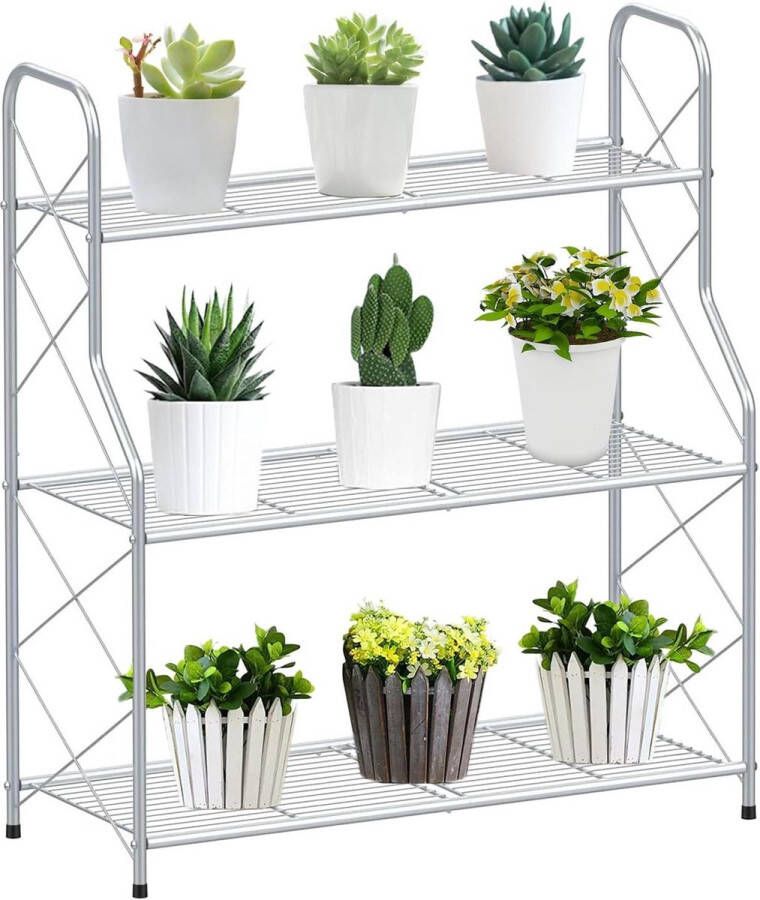 Plantenrek 3 niveaus metaal voor binnen en buiten balkon tuin multifunctioneel grote capaciteit zilver