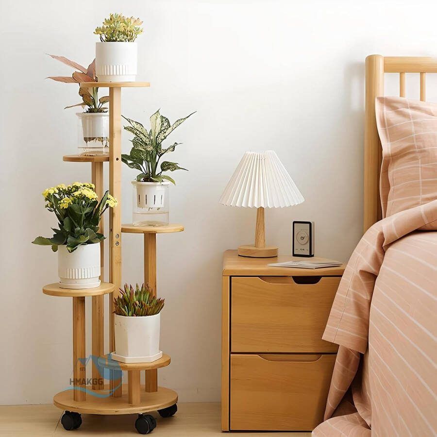 Plantenrek Bamboe Binnen Bloementrap met Wieltjes 90CM Bloemenstandaard Balkon 5 Niveaus Rond Vrijstaand Bloemenrek voor Woonkamer Kantoor Tuin Ø 19 CM