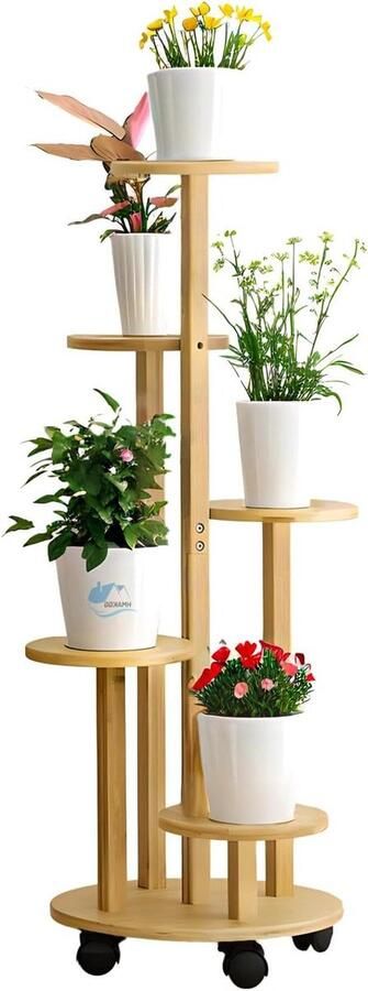 Plantenrek Bamboe Binnen Bloementrap met Wieltjes 90CM Bloemenstandaard Balkon 5 Niveaus Rond Vrijstaand Bloemenrek Woonkamer Kantoor Tuin Ø 19 CM