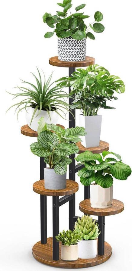 Plantenrek Hoekrek Hout 6-Laags Bloempotrek STLOVe Metalen Tuinrek Opbergrek Binnen-Buiten Woonkamer-Balkon Multifunctioneel Decoratief Bureau (Pot en Plant Niet Inbegrepen) Platenrek