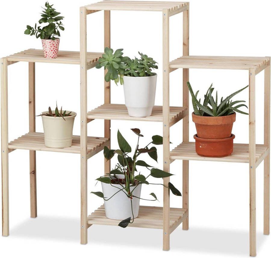 Plantenrek hout voor binnen Stabiel plantenetagère bloemenrek Plantentrap HBD 86 x 95 x 29 cm Naturel