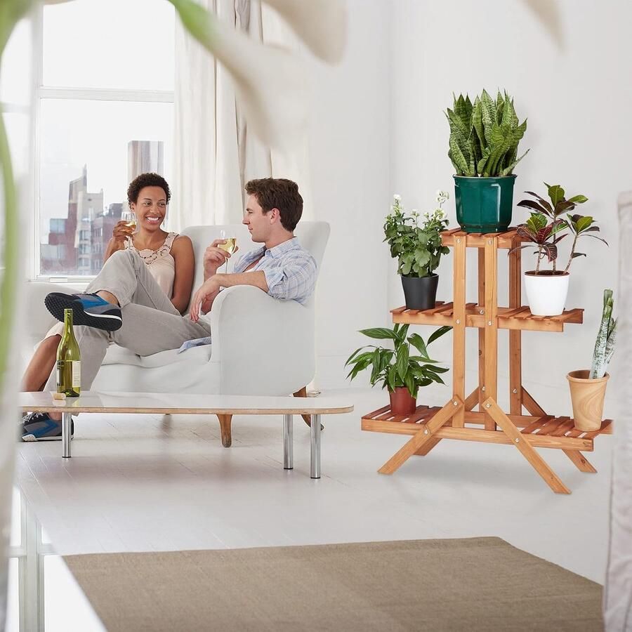 Plantenrek met 3 etages hout plantentrap voor binnen decoratie HBD: ca. 82 5 x 83 x 28 5 cm lichtbruin