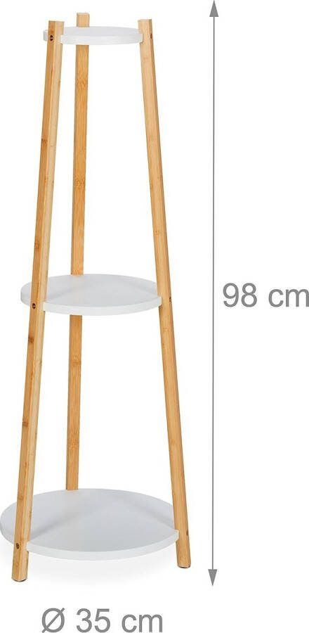 Plantenrek met 3 etages plantenstandaard rond indoor bamboe & mdf HxØ: 98 x 35 cm bloemenrek wit natuur