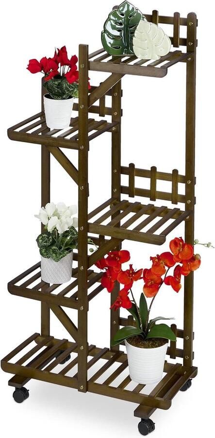 Plantenrek met 5 etages bamboe planken op wielen 130 x 62 x 36 cm bloemenrek voor binnen bruin