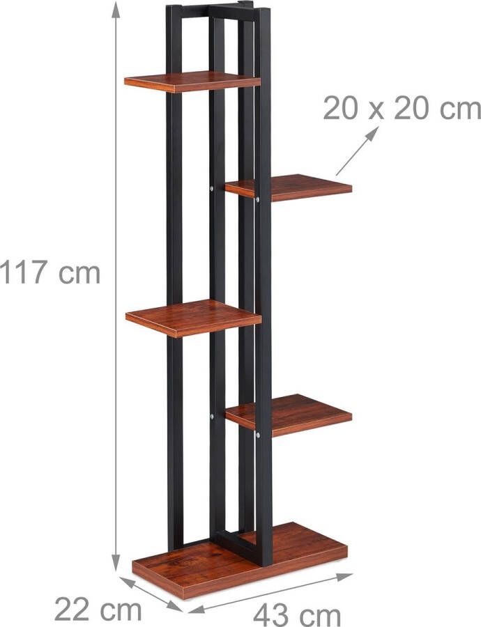 Plantenrek met 5 etages voor binnen woonkamer HBD: 117x43x22 cm staal MDF plantentrap groot donkerbruin
