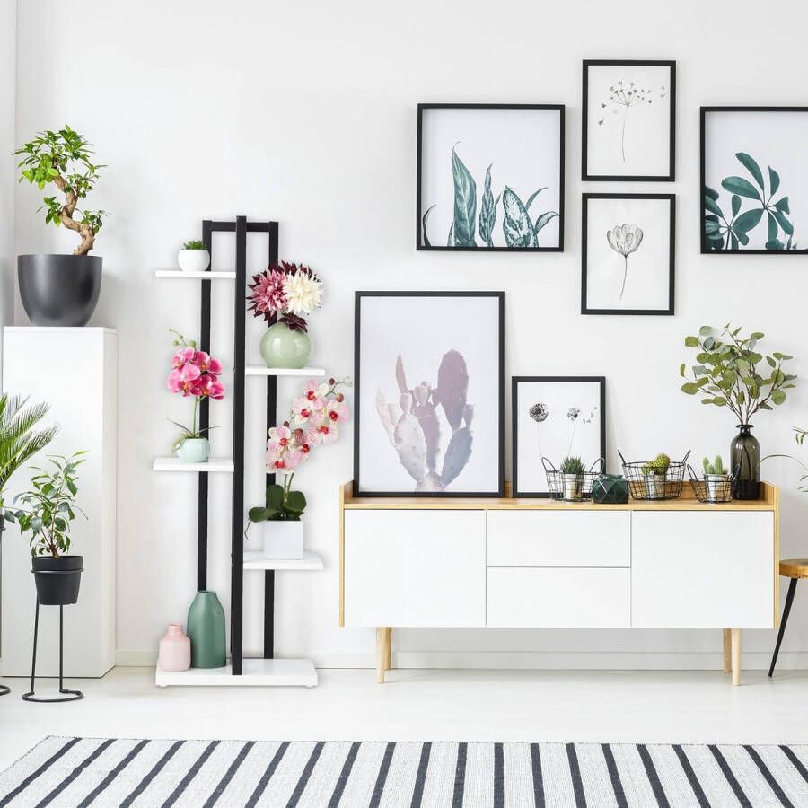 Plantenrek met 5 etages voor binnen woonkamer HBD: 117x43x22 cm staal MDF plantentrap groot zwart wit