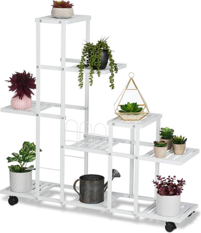 Plantenrek met wielen 915x93x26 cm metaal wit 9 plateaus plantentrap binnen rem