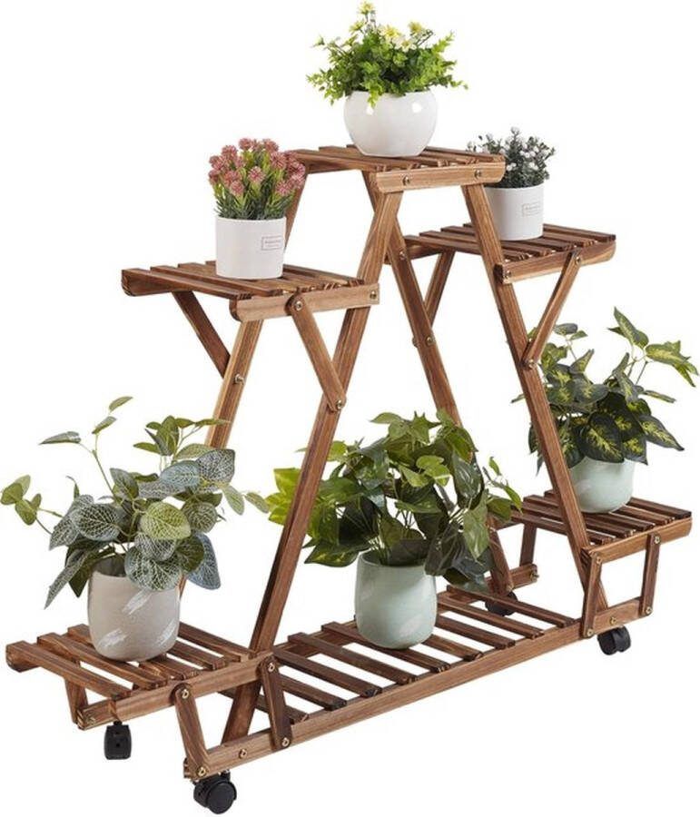 Plantenrek op wielen Wandrek Planten Driehoek vorm Ladder Kast 6 Planken 6 Laags Hout Binnen buiten
