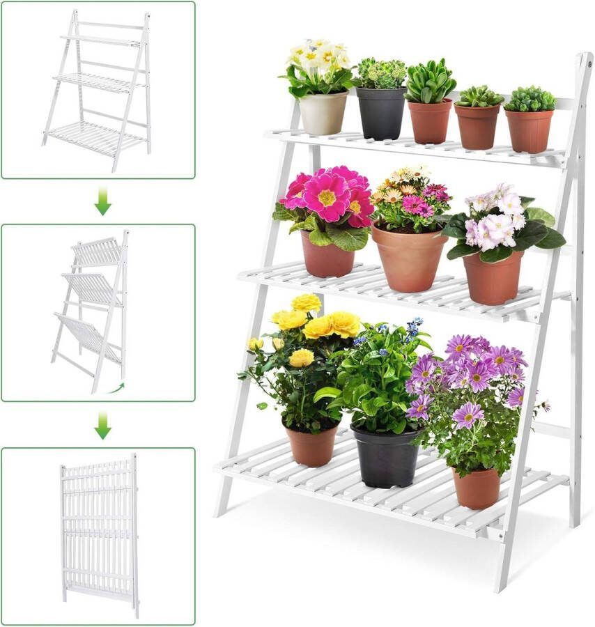 Plantenrek Opvouwbare Bloementrap 3 Niveaus Bloemenrek Plantentrap Binnen Buiten Bamboe Ladder Display Plank Tuin Balkon 70 x 40 x 96 cm wit