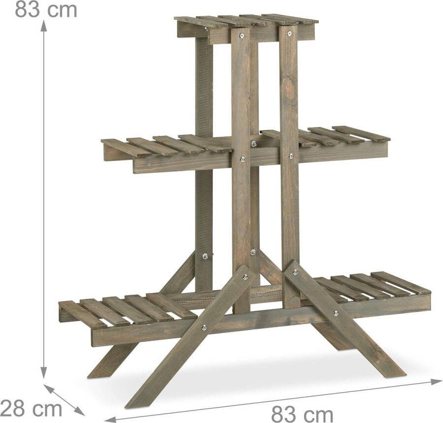 Plantenrek van hout 3 laags met 5 plateaus shabby chic binnen HBD: 83x83x28 cm plantentrap grijs