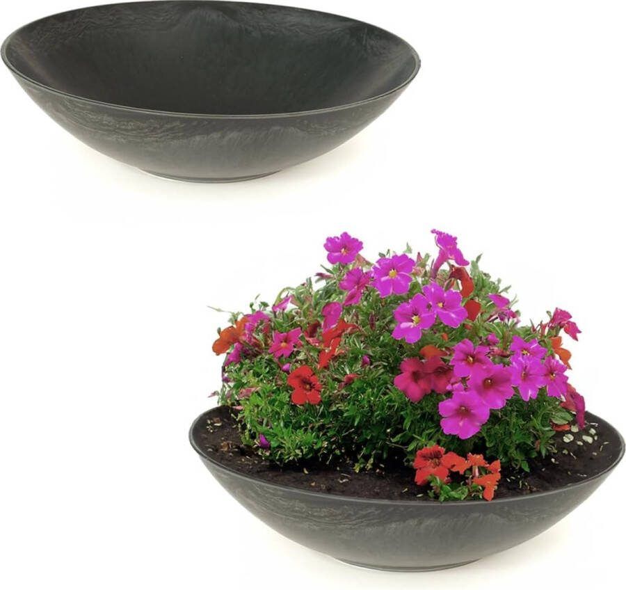 Plantenschalen voor buiten twee grote decoratieve schalen zwart gemarmerd als bloemenschalen platte tuinschalen van 35 cm voor bloemen bonsai of begraafplaats