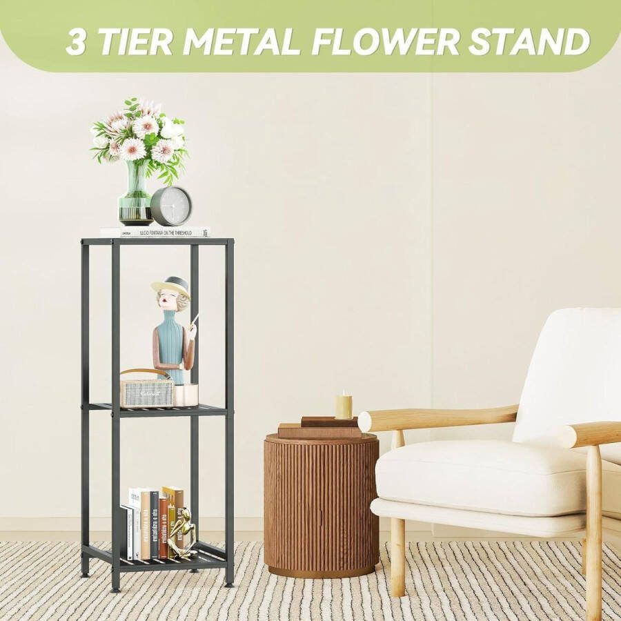 Plantenstandaard 3-laags hoog 82 cm metalen hoekplantenstandaard buitenplantenrek gelaagde bloempot zwart