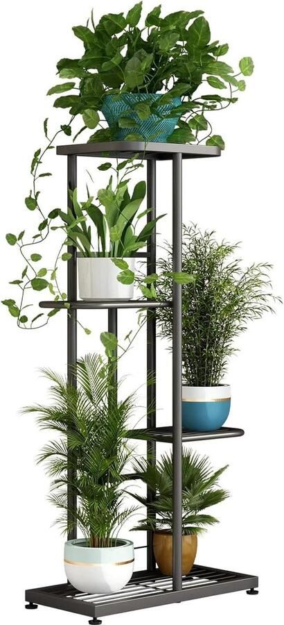 Plantenstandaard 4-laags metaal bloempot plank binnen buiten plantenrek terras tuin hoek balkon woonkamer donkergrijs
