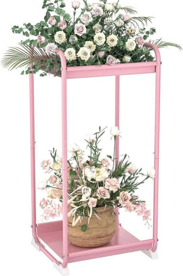 Plantenstandaard bloemenstandaard 2-traps bloementrappen bloemenstandaard van metaal plantenstandaard bloemenzuil met antislip voeten bloemenrek voor woonkamer balkon slaapkamer roze