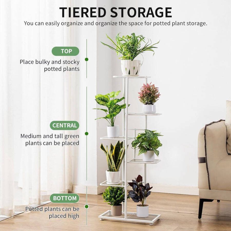Plantenstandaard displaystandaard voor binnen en buiten plantenrek met meerdere lagen retro design plantenstandaard voor terras tuin hoek balkon woonkamer (wit-6 Tier 7 Pot)
