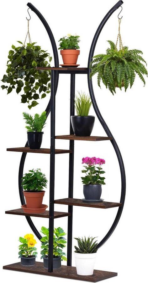 Plantenstandaard houder houten desktop metalen frame 6 dieren bloemenrek plantentrap indoor outdoor woonkamer balkon terras