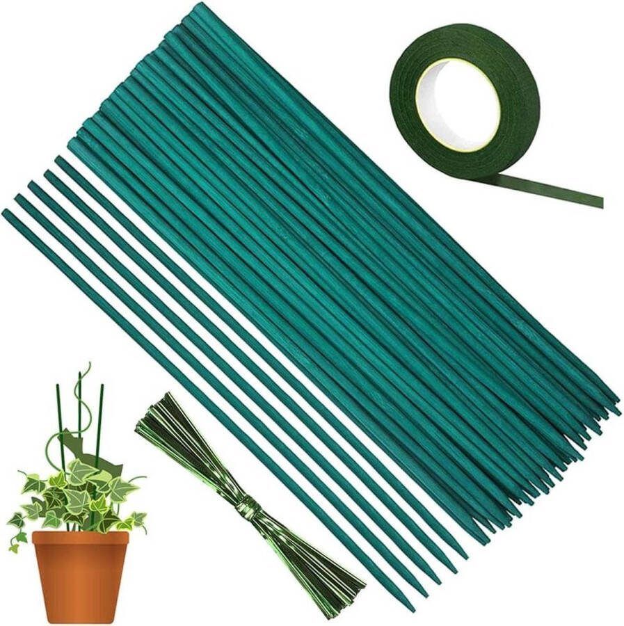 Plantensteunen met ringen 50 stuks plantensteun plantenstok groene plantenstaaf bamboestokken 38 cm 30 yard bloemen papierband 50 plantenlinten voor huis tuin klimplant uitbreiding van de rankstaven plantensteunen met ringen