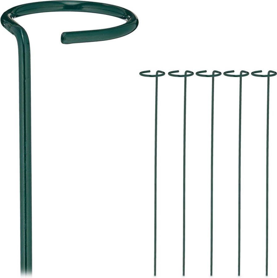Plantensteunen met ringen Metaal Set van 6 Plantenstokken Plantengeleiders 60 cm lang Tuin Donkergroen plantensteunen met ringen