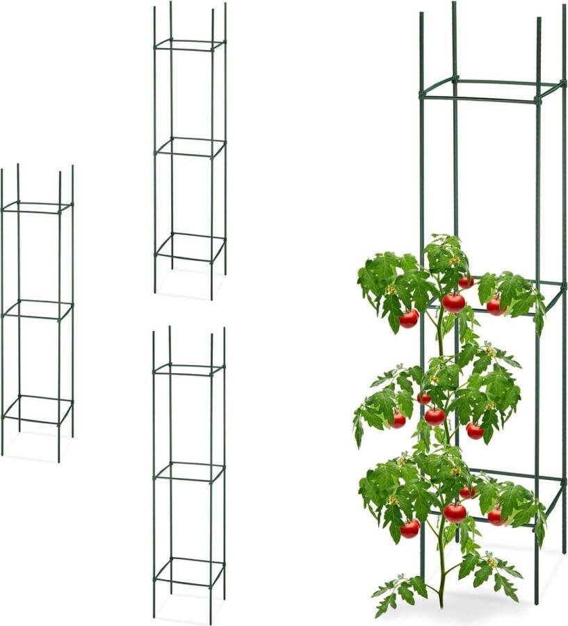Plantensteunen met ringen Set van 4 Hoogte x Breedte x Diepte: 150x32x32 cm Klimplanten en gewassen Metaal en kunststof Tomatensteun Groen plantensteunen met ringen
