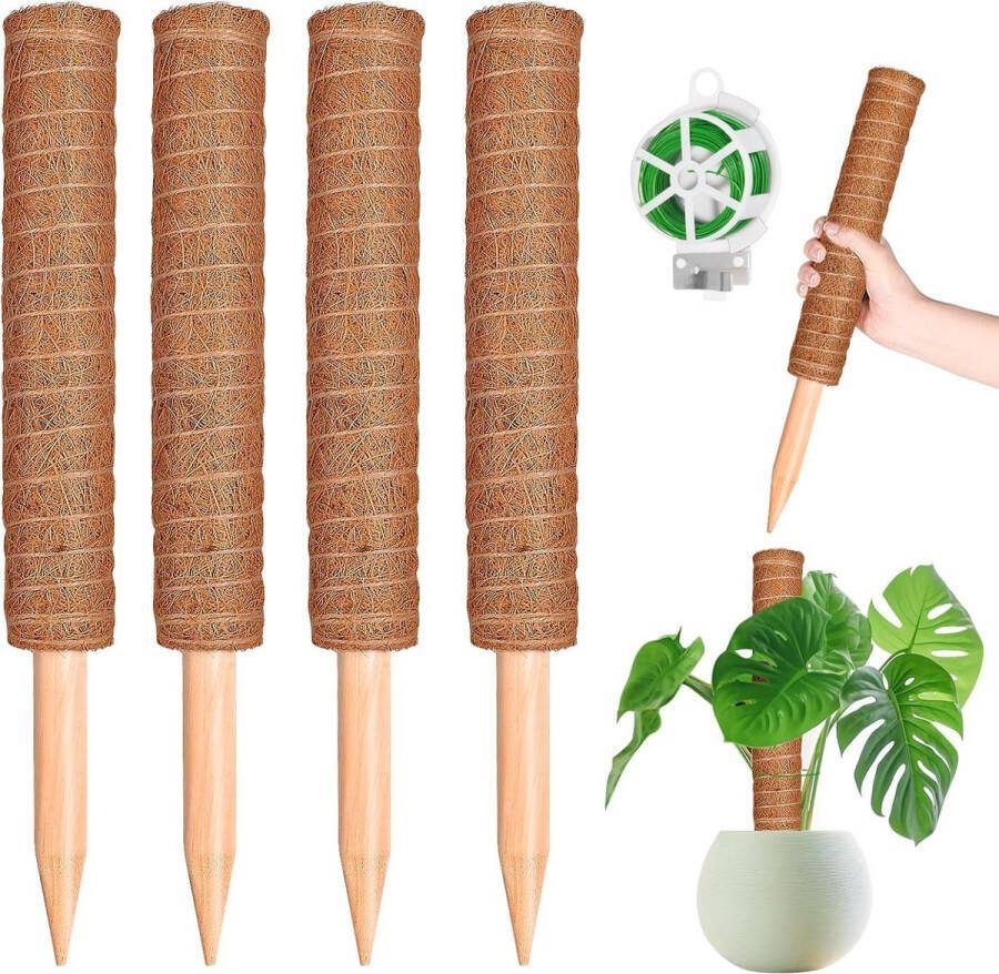 Plantenstok 4 stuks Plantenstokjes van 41 cm kokosmosstok voor monsteraplanten klimhulpmiddelen voor klimplanten natuurlijke plantensteun met 20 m kabelbinders