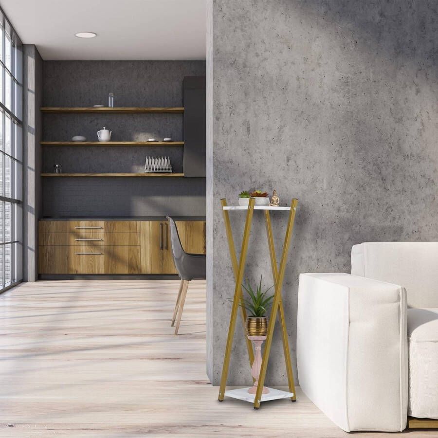 Plantentafel modern design 2 etages marmerlook HBD 99 x 29 x 29 cm goud zwart