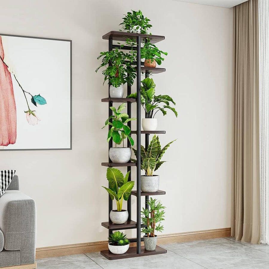 Plantentrap 8 dieren voor binnen hout en metaal staande bloemenstandaard rekken 9 potten multi-bloempot pothouder voor balkon tuin vensterbank hoek (8 niveaus 9 potten zwart)