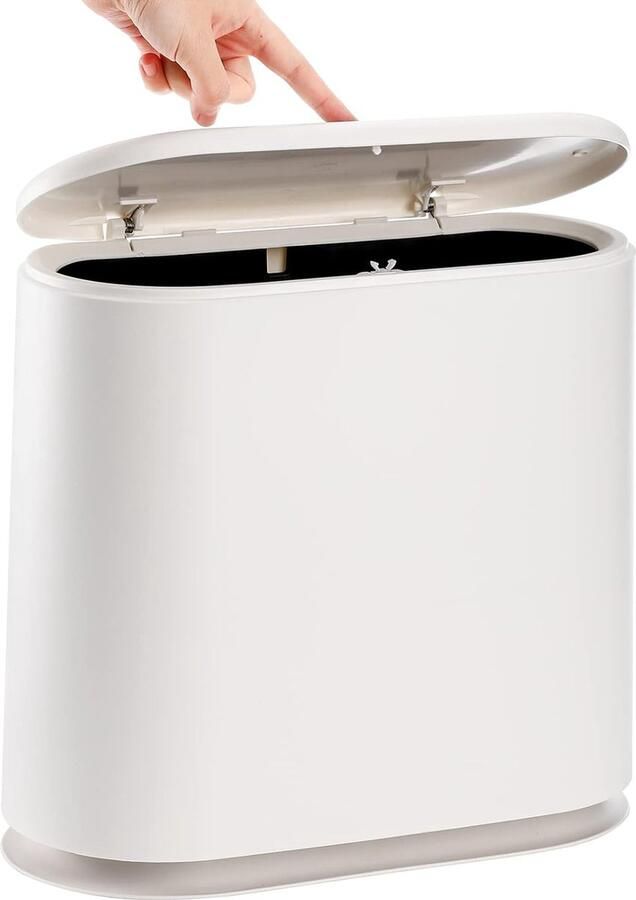 Plastic afvalbak van 2 gallon 10 liter met drukdeksel ovale smalle prullenmand prullenbak badkamer prullenbak voor woonkamer slaapkamer keuken kantoor gemakkelijk schoon te maken wit