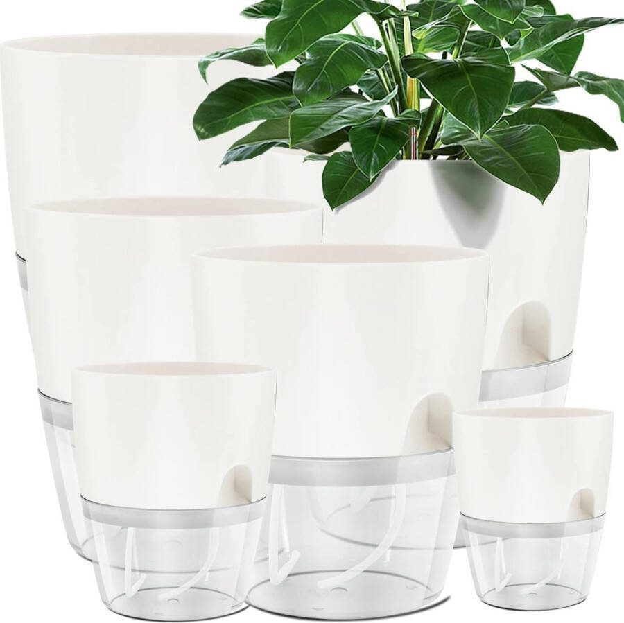Plastic bloempot 6 stuks 22 3 cm 15 3 cm 10 5 cm 8 2 cm kruidenpot met zelfbewatering en waterreservoir moderne plantenpot voor kamerplanten bloemen en kruiden wit