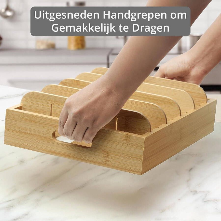 Plastic Deksels Lade Organizer met Bamboe Deksel Organisatie van Potten & Pannendeksel Voedselcontainers 5 Verdelers Uitgesneden Handvatten Huisorganisatie