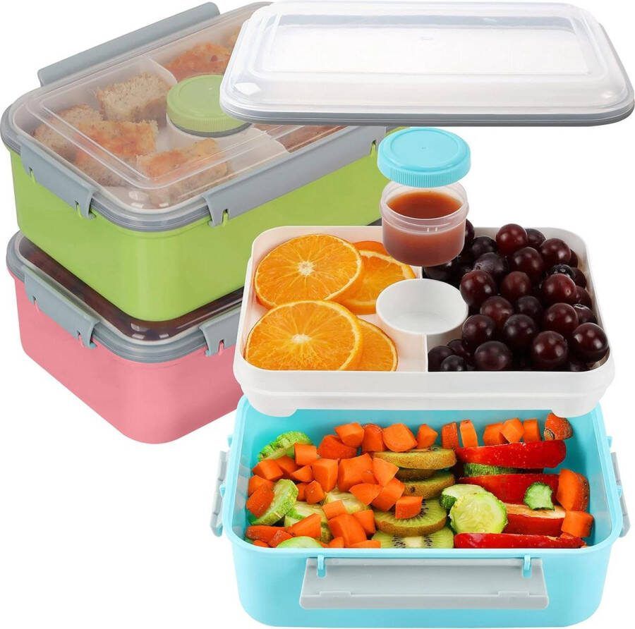 Plastic Food Storage Containers with Removable Tray and Dressing Pot BPA Free 1080ml Capacity Pack of 3 Microwave Freezer Dishwasher Safe Reusable Bento Boxes
