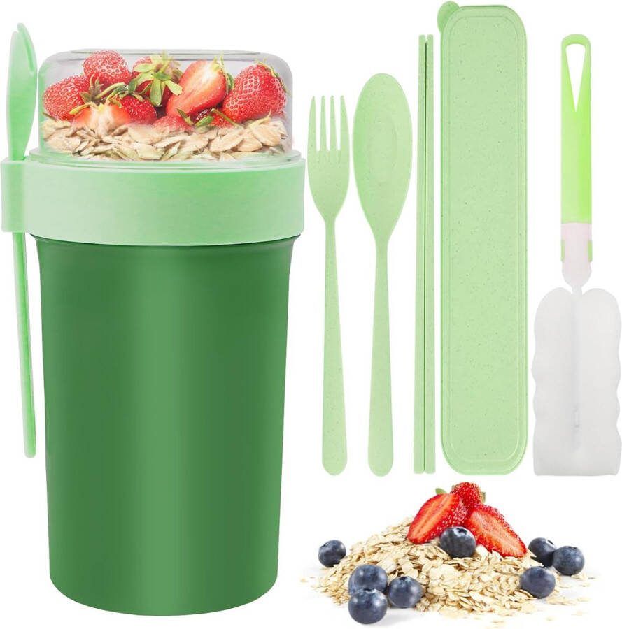 Plastic groene ontbijtgranenblikjes Mueslibekers to Go 760 ml + 230 ml 5-delige yoghurtbekers met lepel- en vorkset lekvrije ontbijtgranenbekers met kleine kruidendoos yoghurtbekers groot voor werk school