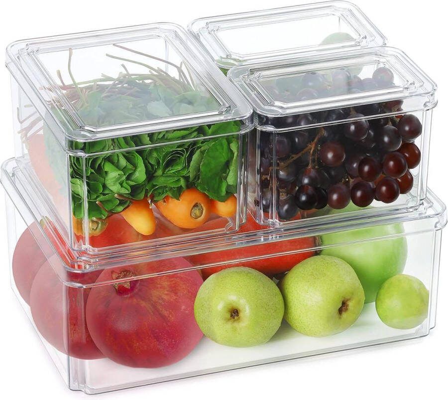 Plastic Koelkast Containers met Deksels Set van 4 Stapelbare Keuken Organisers Bakjes Doorzichtige Opslag voor Diepvries Balie Kasten BPA Vrij
