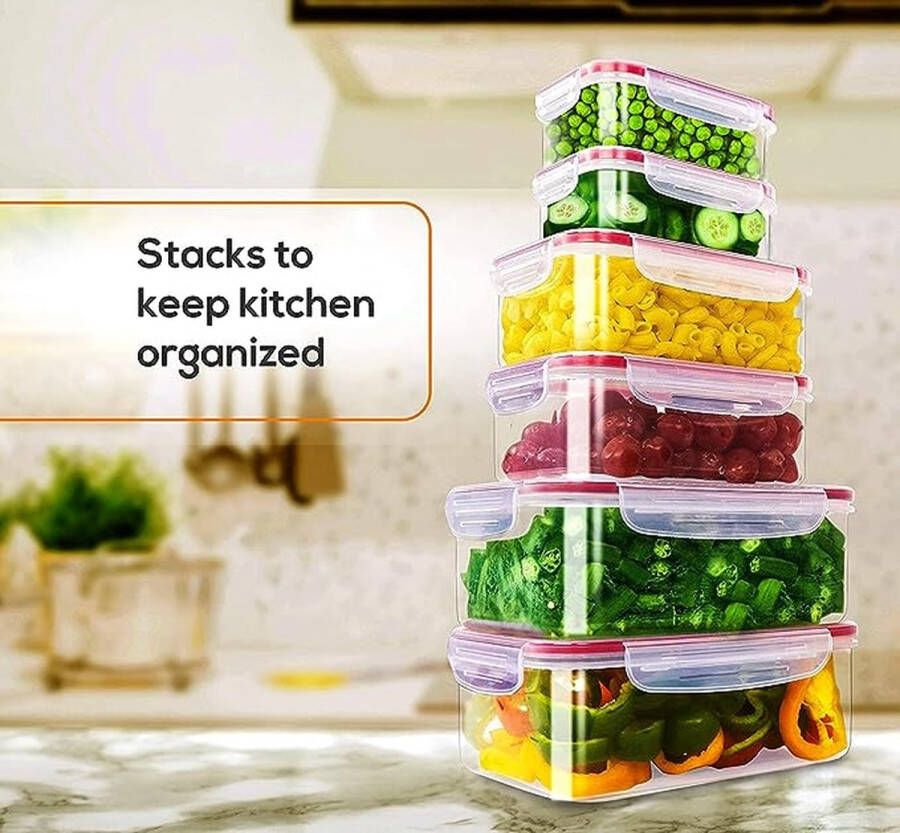 Plastic luchtdichte voedselopslagcontainers 6 stuks (3 containers en 3 deksels) plastic voedselcontainers met deksels voor keuken en voorraadkast lekvrij (rood)