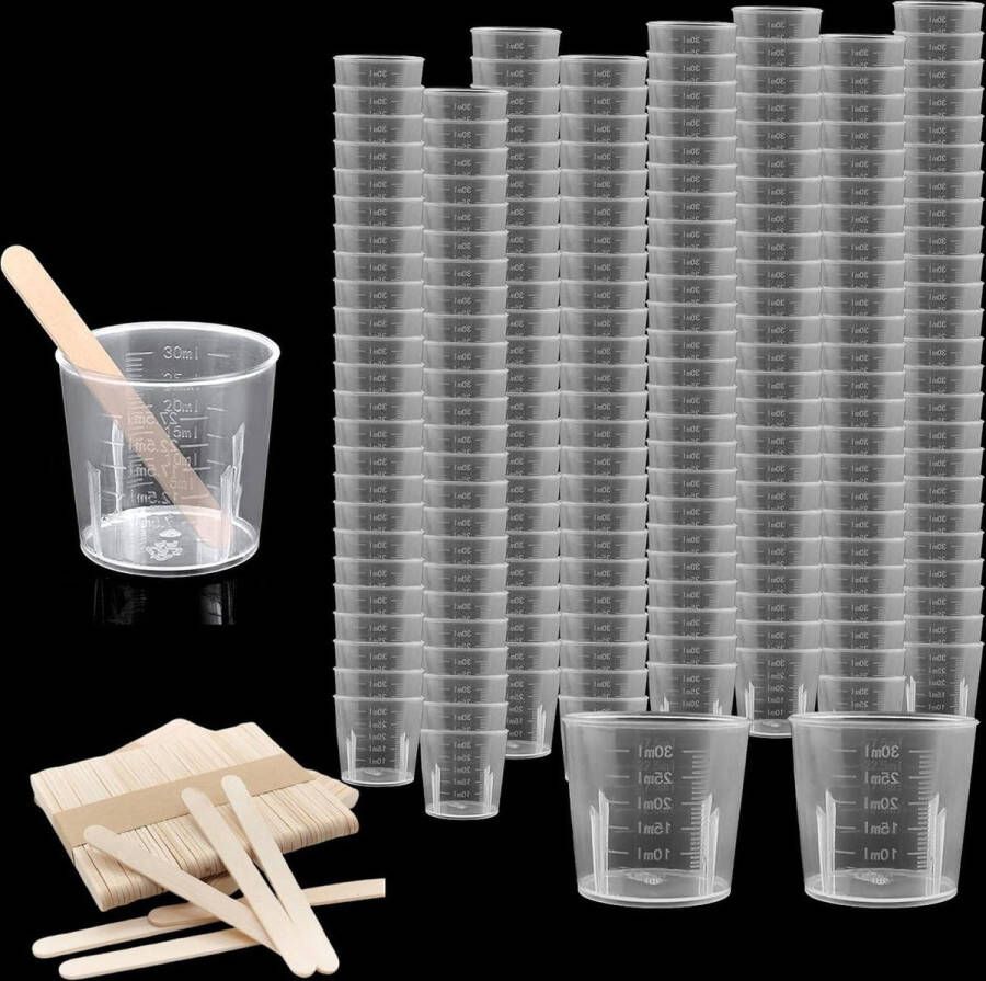 Plastic mengbekers 30 ml transparant Herbruikbare maatbekers 100 houten stokjes Kleur en epoxyhars mengen