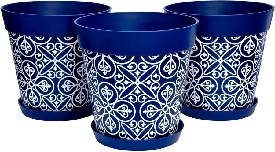 Plastic plantenpotten set van 3 voor binnen en buiten 25cm diameter 3 schotels 19cm diameter Marokkaans blauw