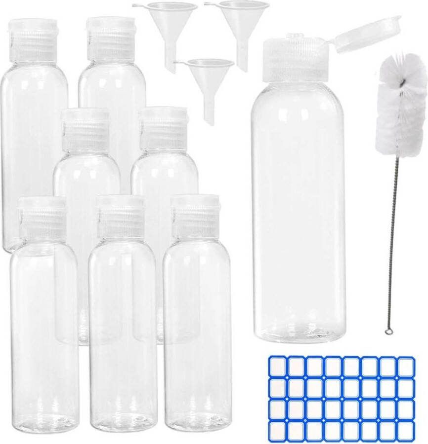 Plastic Reisflessen 100 ml Set van 8 Stuks met Trechters Reinigingsborstel en Sticker Ideaal voor Shampoo Lotions en Crèmes reisflesjes 100ml