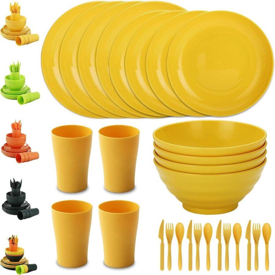 Plastic Servies Set 28 stuks herbruikbare lichtgewicht bekers kommen schalen messen vorken lepels voor picknicks op de camping en dagelijks gebruik vaatwasmachinebestendig (Goudgeel) Schalen set