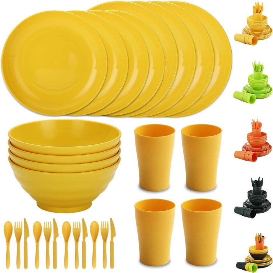Plastic Servies Set 28 stuks herbruikbare lichtgewicht bekers kommen schalen messen vorken lepels voor picknicks op de camping en dagelijks gebruik vaatwasmachinebestendig (Goudgeel)