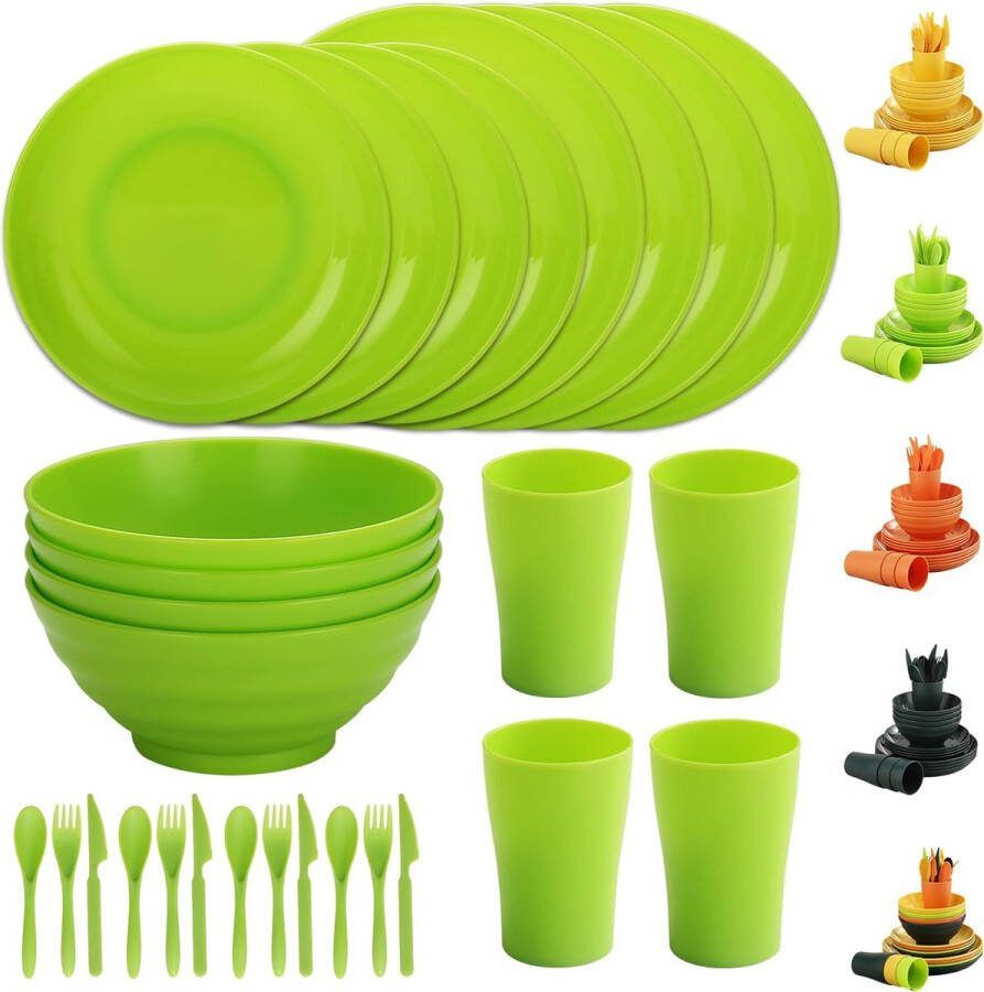 Plastic serviesgoed van 28 stuks Herbruikbaar onbreekbaar Lichtgewicht Bordenset Kopjes Kommen Campingservies Gemakkelijk mee te nemen en schoon te maken Vaatwasmachinebestendig voor 4 personen
