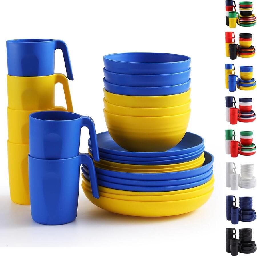 Plastic serviesset 24-delig voor 6 personen herbruikbare UKR-kleurborden en kommen sets met platte borden dessertborden mueslikommen kopjes voor thuis tuin picknick